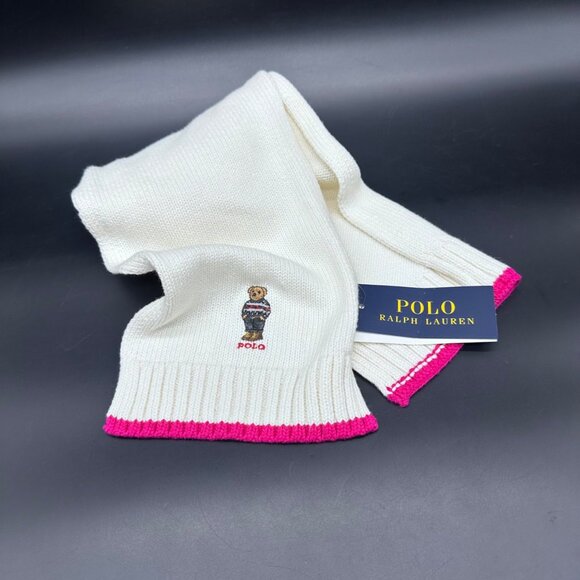 Polo Ralph Lauren Other - Polo Ralph Lauren Kids Cream Knit Scarf Bear Embroidery Pink Trim One Size 4-7